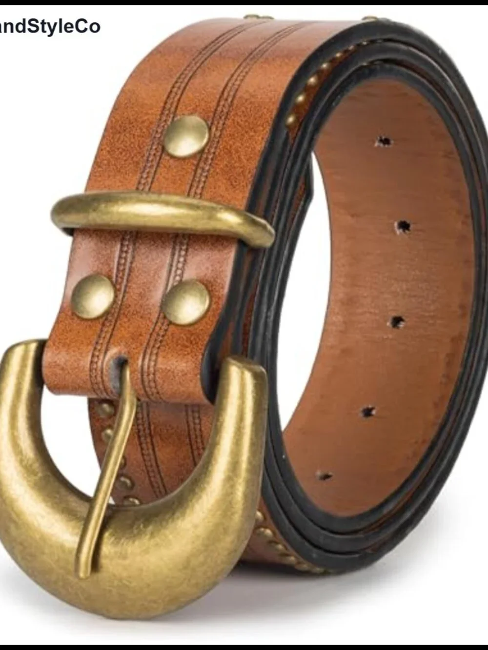 Women's Western Cowgirl PU Leather Belt with Semicircle Gold Buckle